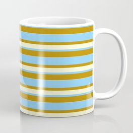 [ Thumbnail: Light Sky Blue, Dark Goldenrod, and Light Yellow Colored Lined/Striped Pattern Coffee Mug ]