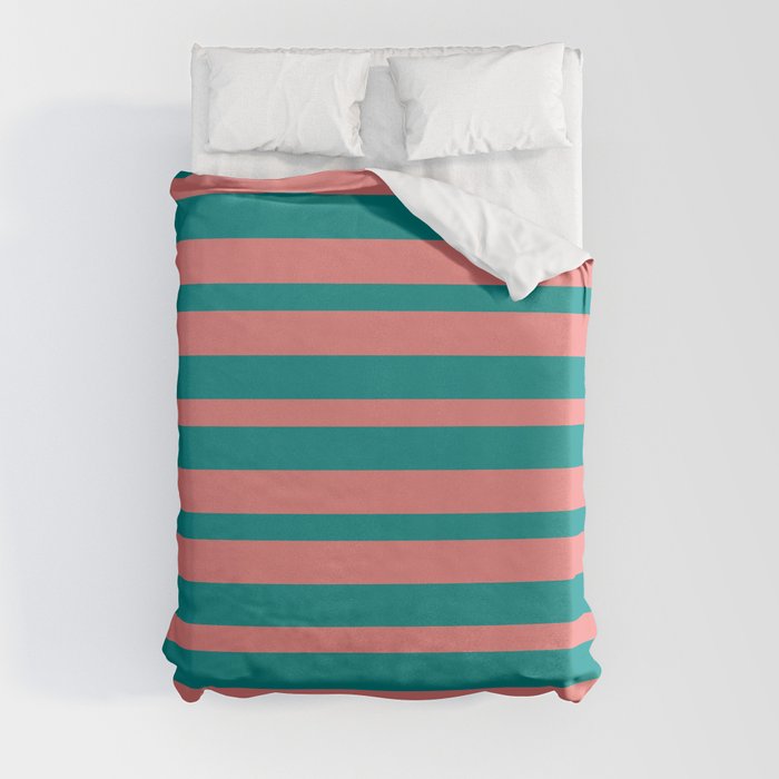 Dark Cyan & Light Coral Colored Stripes Pattern Duvet Cover