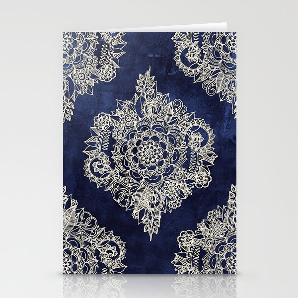 Cream Floral Moroccan Pattern on Deep Indigo Ink Stationery Cards