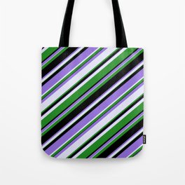 [ Thumbnail: Purple, Lavender, Forest Green & Black Colored Stripes Pattern Tote Bag ]