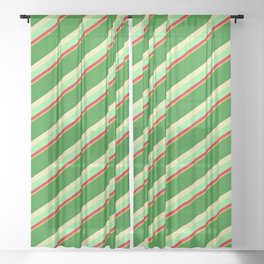 [ Thumbnail: Forest Green, Pale Goldenrod, Light Green, Crimson, and Goldenrod Colored Pattern of Stripes Sheer Curtain ]