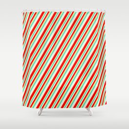 [ Thumbnail: Beige, Red, Tan, and Turquoise Colored Striped Pattern Shower Curtain ]