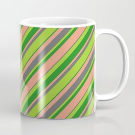 [ Thumbnail: Green, Forest Green, Dark Salmon, and Dim Gray Colored Striped/Lined Pattern Coffee Mug ]