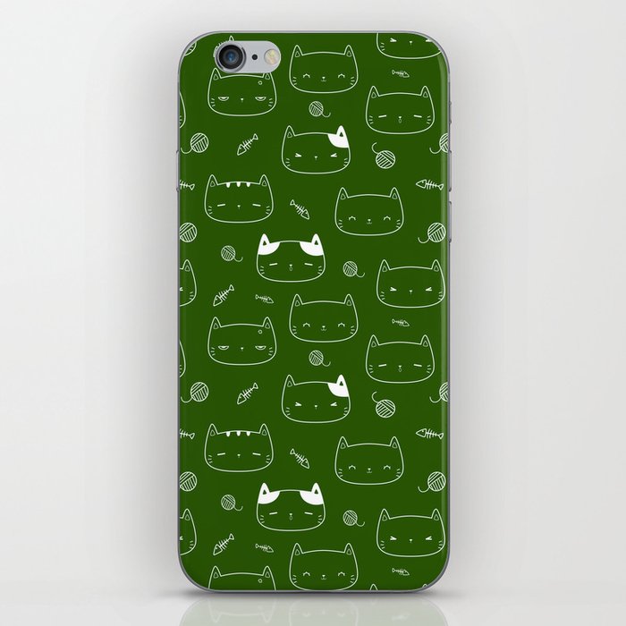 Green and White Doodle Kitten Faces Pattern iPhone Skin