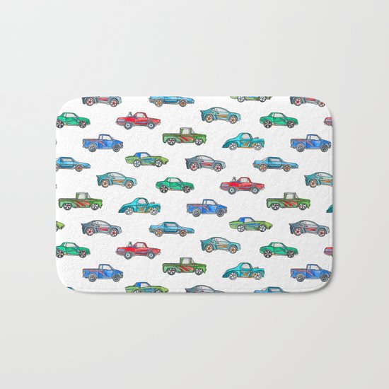 Little Toy Cars in Watercolor on White Bath Mat