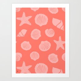 Retro Coastal Shells on Red Art Print