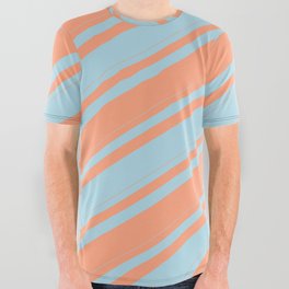 [ Thumbnail: Light Blue & Light Salmon Colored Lined/Striped Pattern All Over Graphic Tee ]