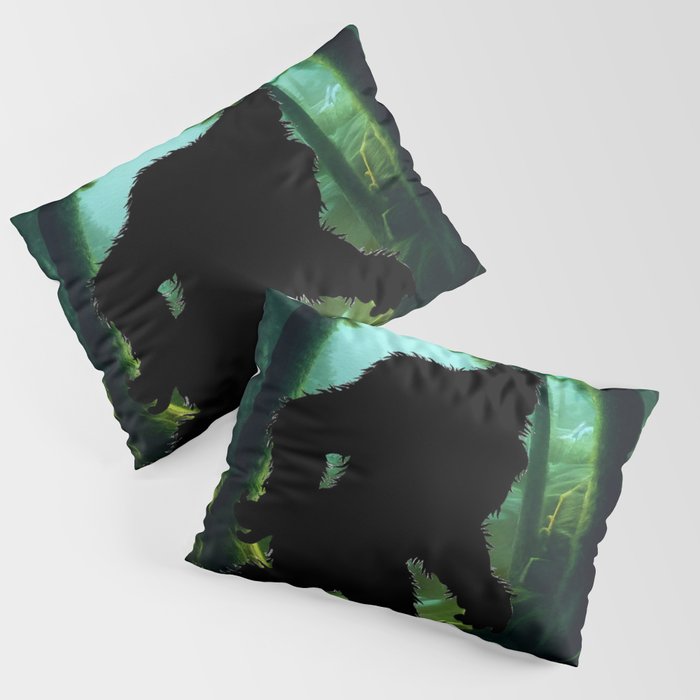 Bigfoot sasquatch walking through the green twilight dark forest mountain woods funny humorous art print poster / posters Pillow Sham