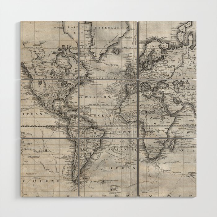 Black and White World Map (1801) Wood Wall Art