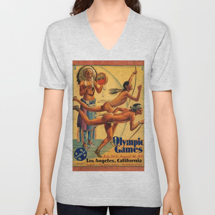 1932 Olympic Games - Los Angeles, CA - Native American - Santa Fe Railroad Vintage Poster V Neck T Shirt
