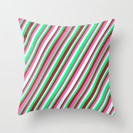 [ Thumbnail: Green, Brown, Hot Pink & Light Cyan Colored Striped Pattern Throw Pillow ]
