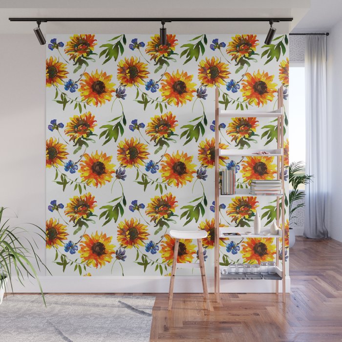 Hand Painted Yellow Orange Blue Watercolor Sunflower Pattern Wall