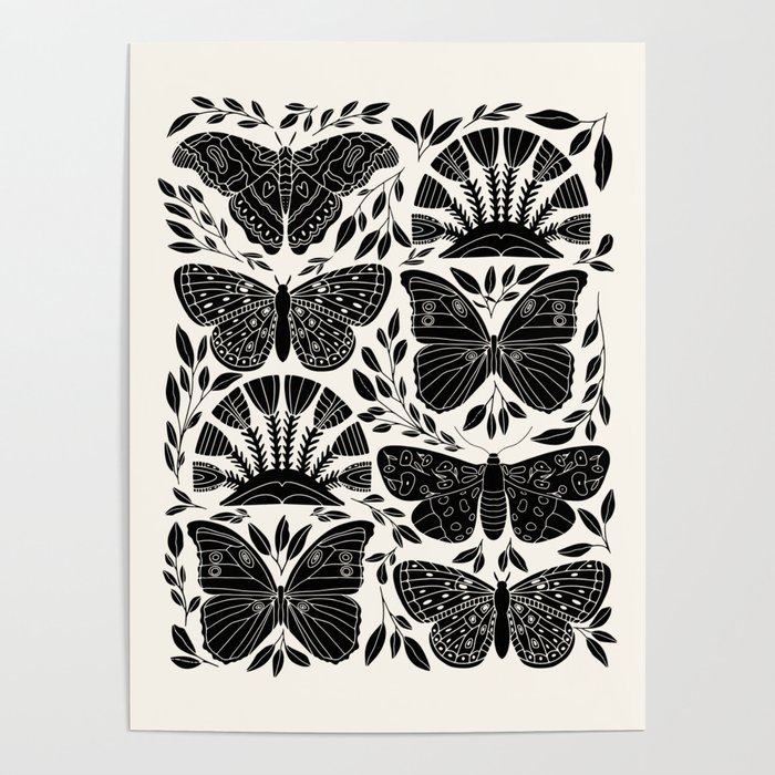 Black & White Retro, Folk Butterfly Poster