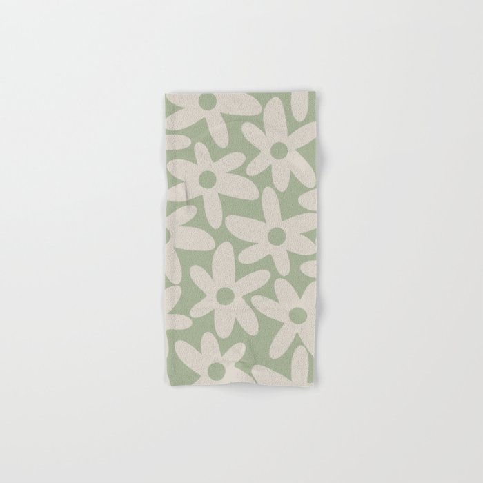 Daisy Time Retro Floral Pattern in Sage Green and Beige Hand & Bath Towel