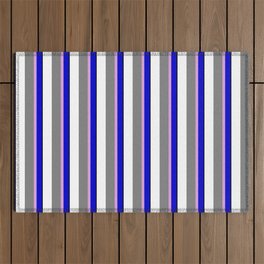 [ Thumbnail: Eyecatching Blue, Plum, Grey, White, and Black Colored Lines Pattern Outdoor Rug ]
