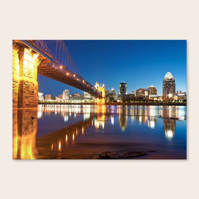 John Roebling Bridge Reflections Cincinnati Ohio Skyline Canvas Print By Gregoryballosfineart Society6