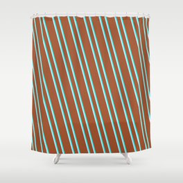 [ Thumbnail: Sienna, Cyan & Lavender Colored Lined Pattern Shower Curtain ]