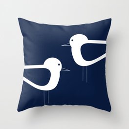Shorebird Pair - Minimalist Beach Birds in White and Nautical Navy Blue Throw Pillow