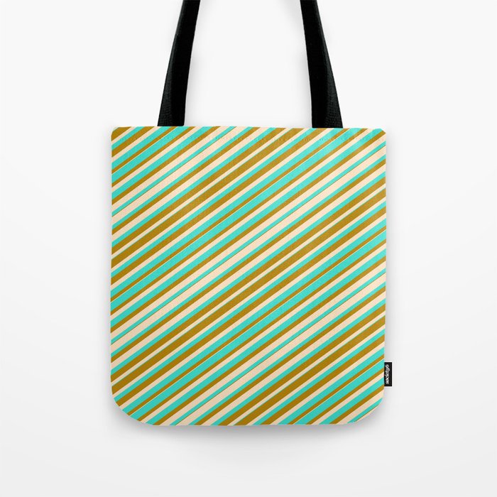 Bisque, Turquoise, and Dark Goldenrod Colored Lines Pattern Tote Bag