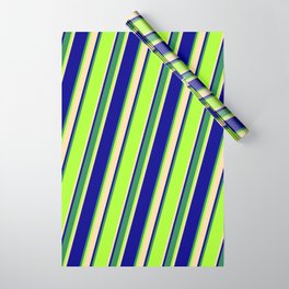 [ Thumbnail: Light Green, Tan, Dark Blue & Sea Green Colored Striped Pattern Wrapping Paper ]