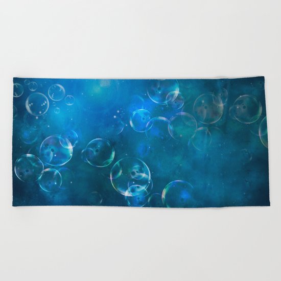 floating bubbles blue watercolor space background Beach Towel