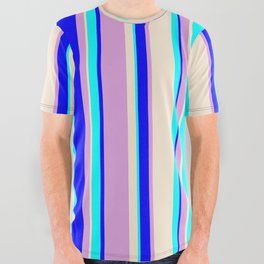 [ Thumbnail: Aqua, Beige, Plum & Blue Colored Lined Pattern All Over Graphic Tee ]