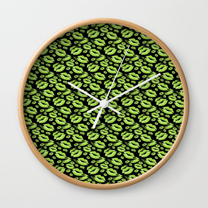 Two Kisses Collided Lip Smacking Lime Colored Lips Pattern Wall Clock