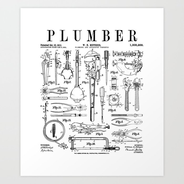 Plumber Plumbing Wrench And Tools Vintage Patent Print Art Print