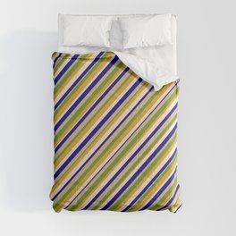 [ Thumbnail: Vibrant Dark Blue, Tan, Green, Goldenrod & Bisque Colored Striped Pattern Comforter ]