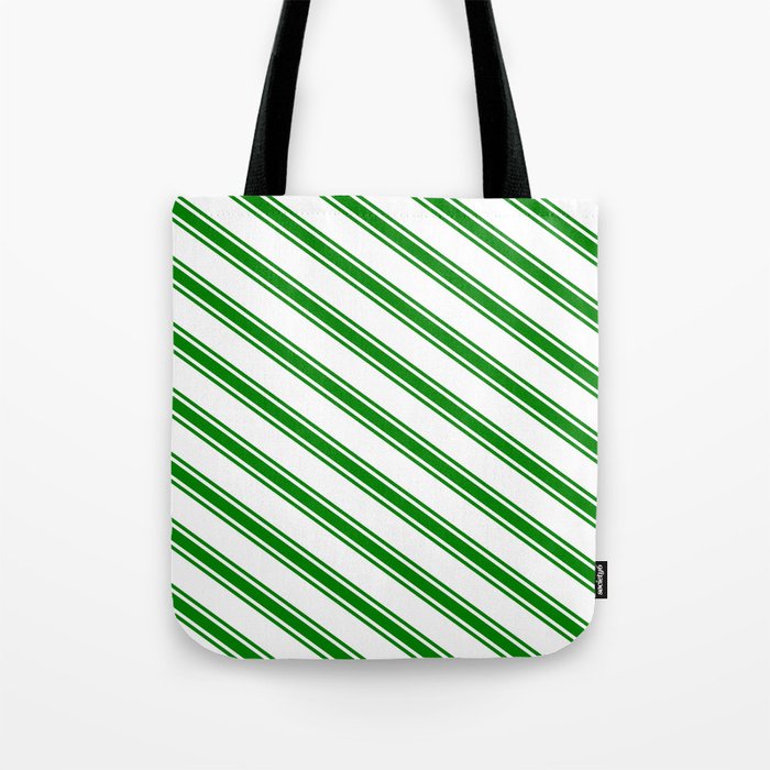 White & Green Colored Striped/Lined Pattern Tote Bag