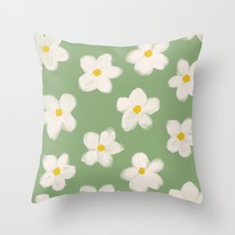 Groovy 70s Daisy Flowers on Sage Green Throw Pillow