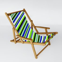 [ Thumbnail: Eyecatching Green, Blue, Mint Cream, Chartreuse, and Black Colored Lined/Striped Pattern Sling Chair ]