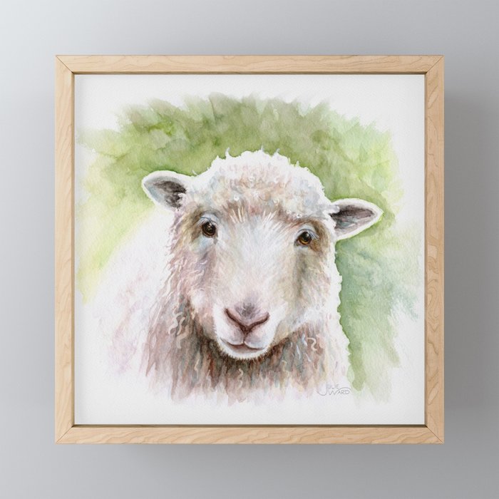 White Happy Sheep Watercolor Painting Framed Mini Art Print