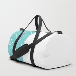 White Anchors on Turquoise Blue and White Vertical Split Duffle Bag