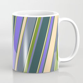 [ Thumbnail: Tan, Green, Medium Slate Blue, Slate Gray, and Dark Slate Gray Colored Lined/Striped Pattern Coffee Mug ]