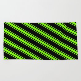 [ Thumbnail: Black & Green Colored Pattern of Stripes Beach Towel ]