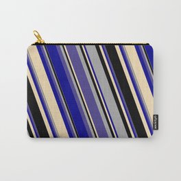 [ Thumbnail: Dark Gray, Dark Slate Blue, Dark Blue, Tan, and Black Colored Striped Pattern Carry-All Pouch ]