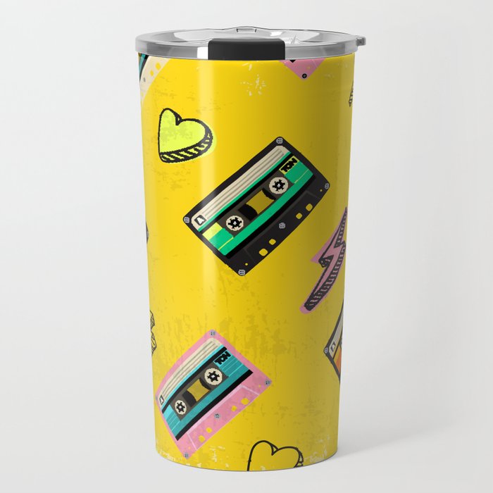 70's, 80's cassette tape vintage retro background. Fashionable poster simple graphic old style with heart and flash. Disco love party 1980. Yellow Travel Mug