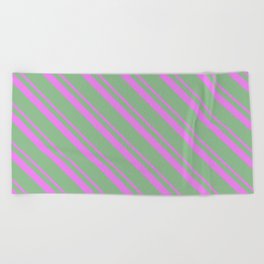 [ Thumbnail: Violet & Dark Sea Green Colored Striped/Lined Pattern Beach Towel ]