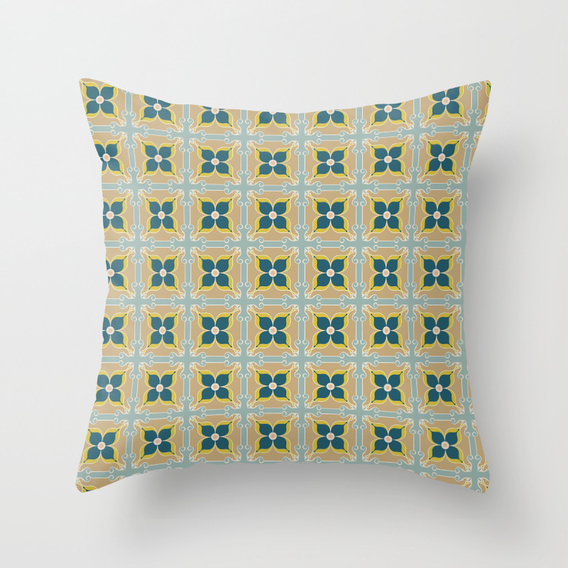 Olive Green Tiles Pattern Portuguese Patchwork Moss Rust Blue Home Decor Throw Pillow