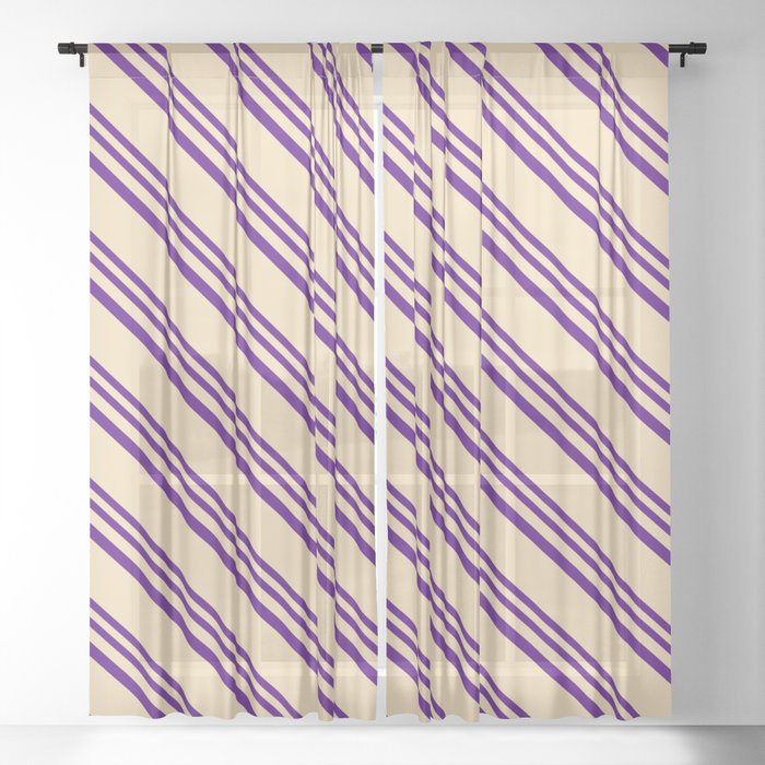 Indigo and Tan Colored Stripes/Lines Pattern Sheer Curtain