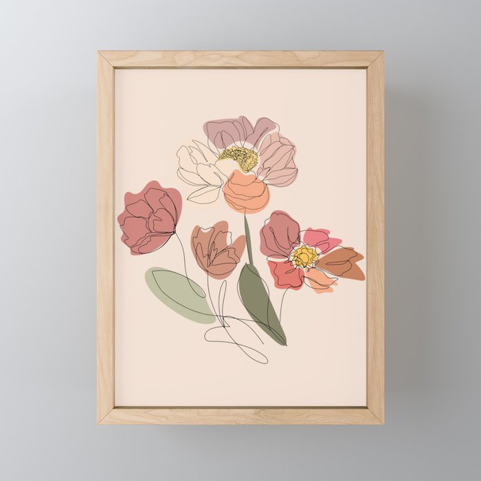 Modern Botanical Line Drawing Flower Pattern  Framed Mini Art Print