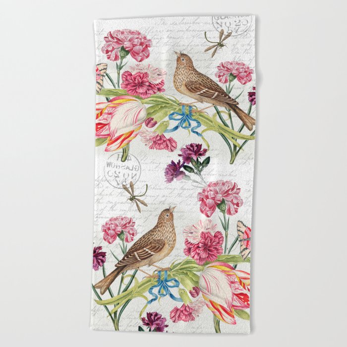 Bird and carnations Beach Towel