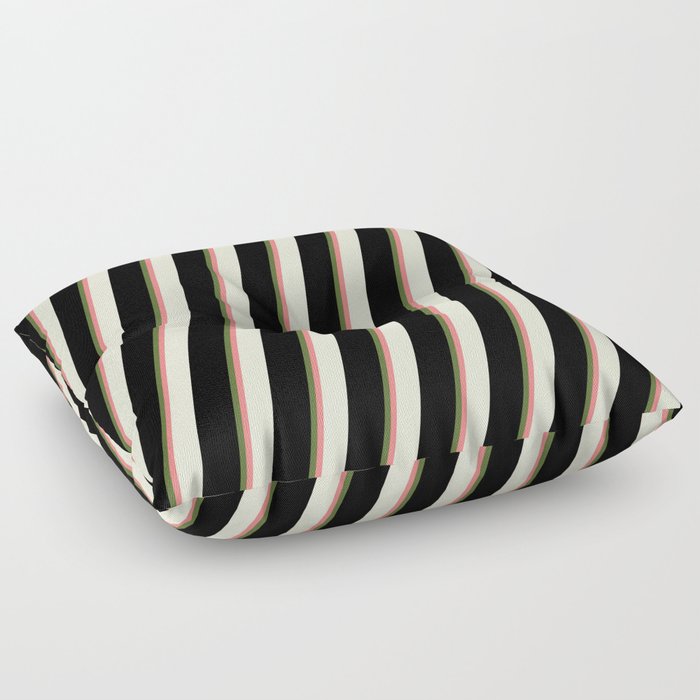 Dark Olive Green, Light Coral, Beige, and Black Colored Striped/Lined Pattern Floor Pillow