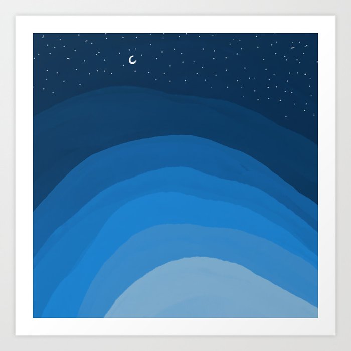 Moon and Stars Watercolor Blue Art Print
