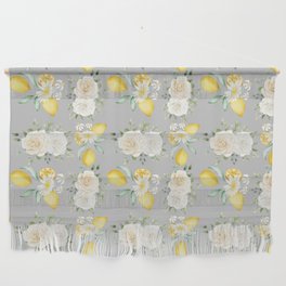 Lemons and White Flowers Pattern On Light Grey Background Wall Hanging