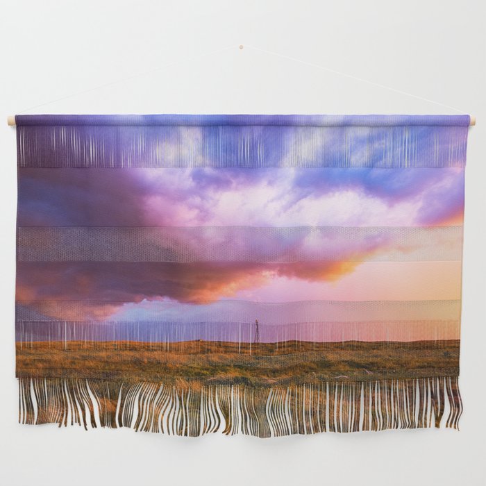 Lonesome Prairie - Colorful Storm Clouds Over Windmill at Sunset in Oklahoma Wall Hanging