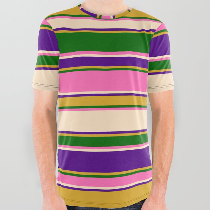 Eyecatching Goldenrod, Dark Green, Hot Pink, Bisque & Indigo Colored Striped/Lined Pattern All Over Graphic Tee