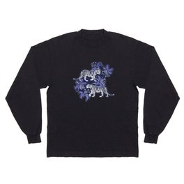 Tigers in a tiger lily garden // textured navy blue background light grey wild animals very peri flowers Long Sleeve T-shirt