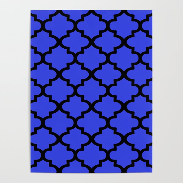Quatrefoil Pattern In Black Outline On Medium Blue Poster